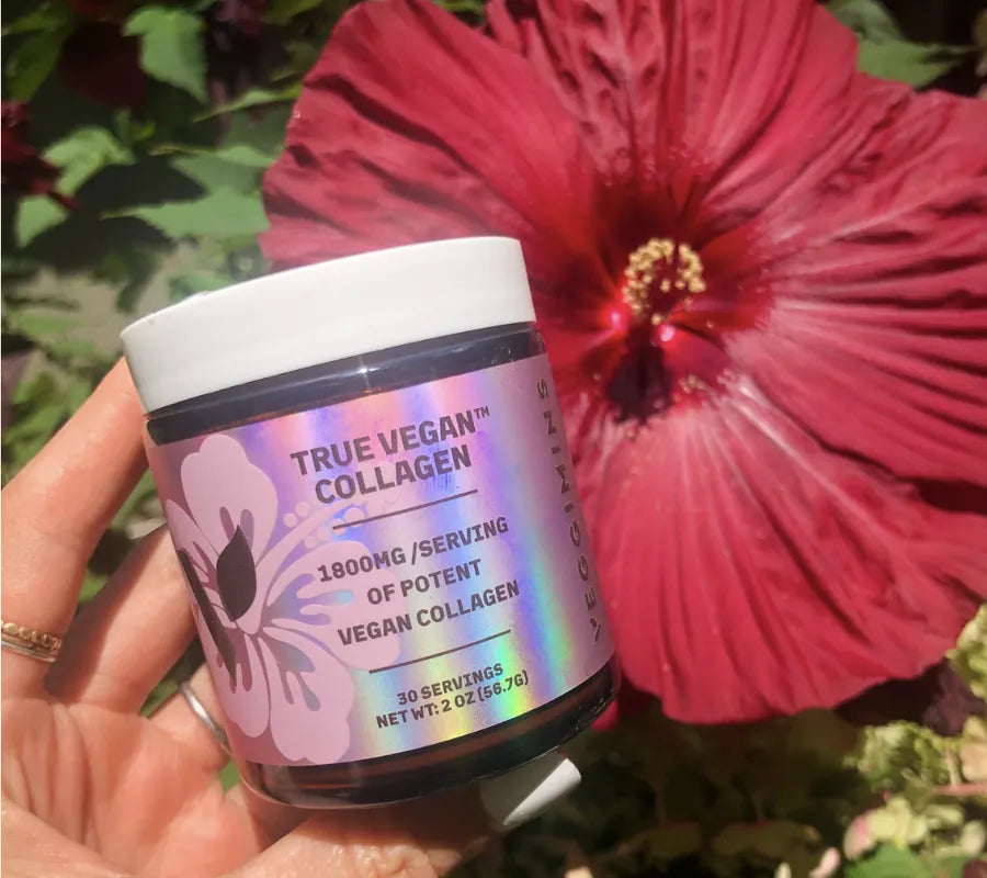 Hand holding a jar of True Vegan Collagen in front of a red hibiscus flower